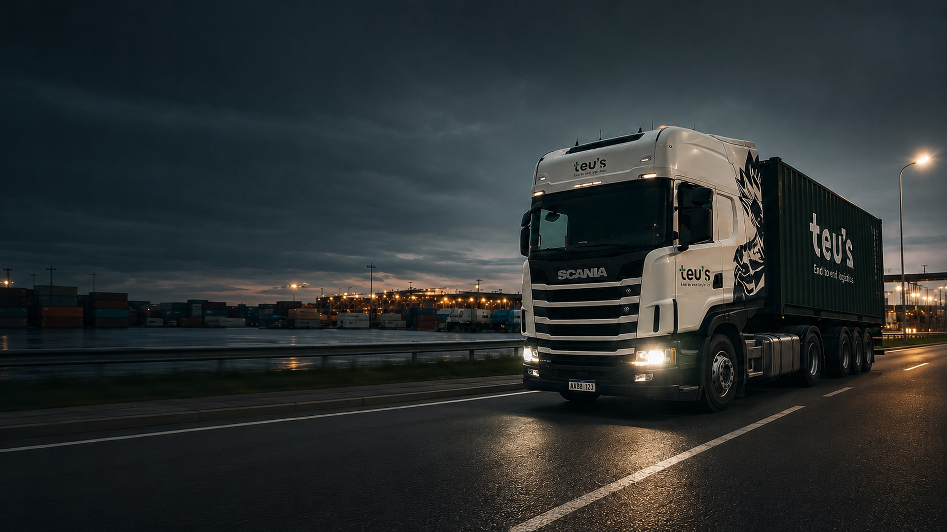 Camión Scania TEUS en zona portuaria al atardecer